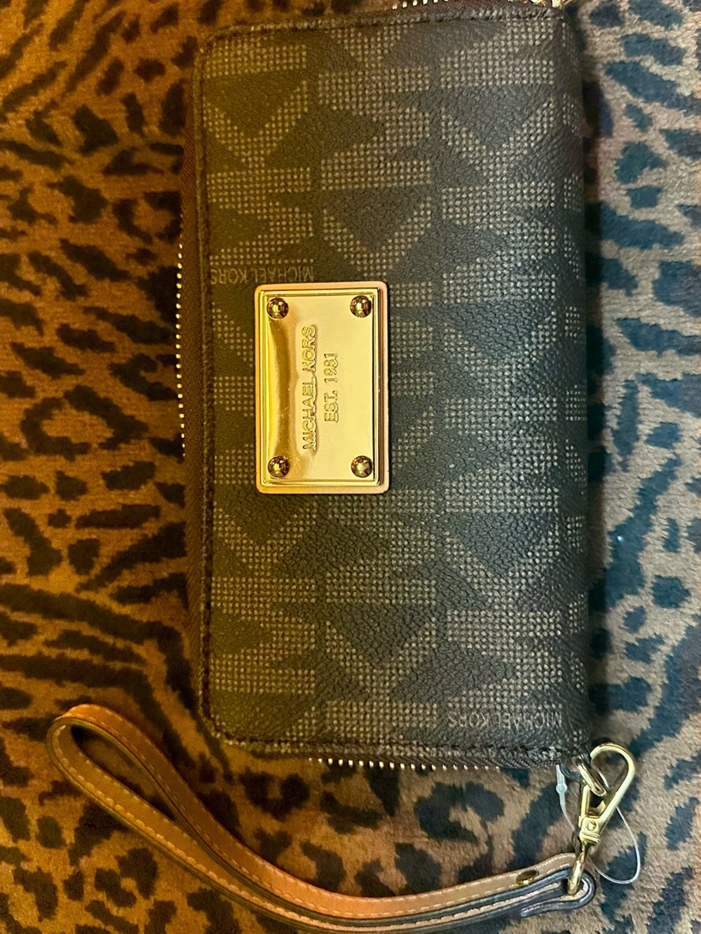 Michael Kors Brown Logo-Print Zip Around Wristlet with Gold Plate